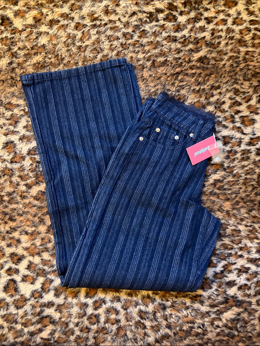 Edikted Lace Trim Striped Low Rise Baggy Jeans